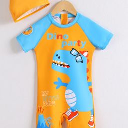 Mark & Mia Half Raglan Sleeves Legged Swimsuit With Dino Print & Cap - Orange-image-31