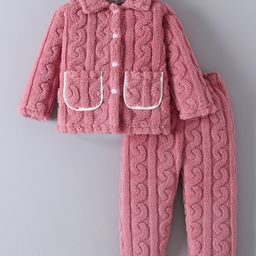 Mark & Mia Full Sleeves Front Open Winter Wear Night Suit With Knit Design - Maroon-image-93