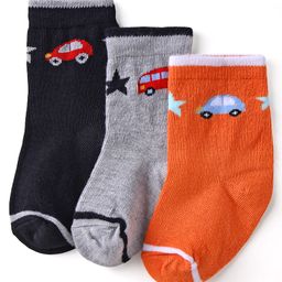 Cute Walk by Babyhug Knit Ankle Length Anti Bacterial Socks with Vehicle Design Pack of 3 - Orange Grey & Black-image-60
