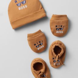 Simply Interlock Knit Cap Mittens & Booties With Text Print Pack Of 3 Brown - Diameter 12 cm-13