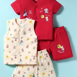CUCUMBER Sinker Knit Half Sleeves Shorts Co-Ord Night Suits With Animal Print - Red & Cream-image-78