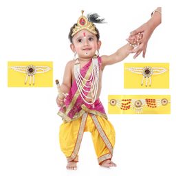 RAJ FANCY DRESSES Woven Sleeveless Gota Lace Embellished & Ethnic Foil Printed Lord Krishna Theme Costume Set - Yellow & Pink-image-70