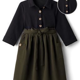 Hola Bonita Knit Three Fourth Sleeves Textured Solid Dress With Belt - Olive & Black-picture-7