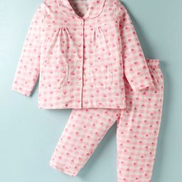 Doreme Cotton Knit Full Sleeves Co-ords Night Suit With Hearts & Checks Print - Pink-image-89