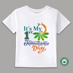 BLUSHES 100% Cotton Knit Independence Day Theme Half Sleeves Its My 1st Independence Day Text Printed Tee - White-image-66