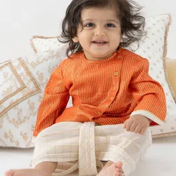 Tiber Taber Cotton Lurex Woven Full Sleeves Foil Striped & Checked Dhoti Kurta Set - Orange-picture-43