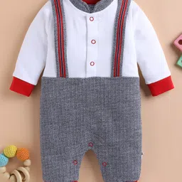 Wonderchild Full Sleeves Mock Style Suspender Designed Romper - White & Charcoal-picture-1