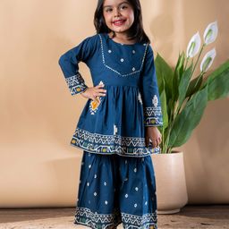 READIPRINT Cotton Woven Full Sleeves Geometric Printed Peplum Style Kurti & Sharara Set - Teal-picture-5