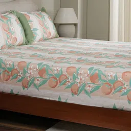 MASPAR Peach Colored Printed Pure Cotton 200 TC Fitted Queen Bedsheet Set 1.83 x 1.98 m-19