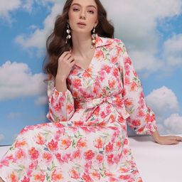 CORSICA Floral Print Shirt Collar Wrap-Style Midi A-Line Dress with Belt-image-72