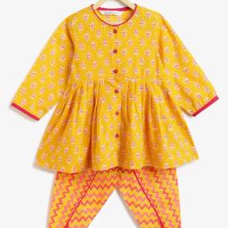 Campana Girls Yellow Cotton Floral Suit Set-image-86