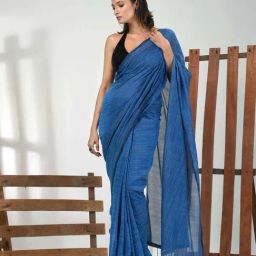 CHARUKRITI Blue Cotton Striped Saree With Unstitched Blouse-image-75