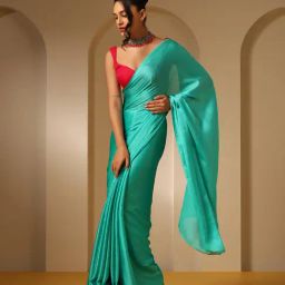 Swtantra Turquoise Chiffon Saree With Fuchsia Unstitched Blouse-image-86