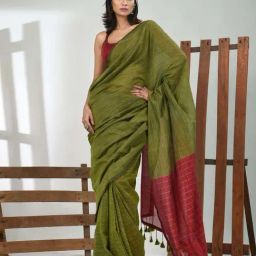 CHARUKRITI Green Cotton Striped Saree With Unstitched Blouse-image-79