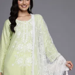 Varanga Floral Embroidered Chikankari Kurta With Trousers & Dupatta-23