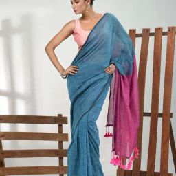 CHARUKRITI Blue Cotton Striped Saree With Unstitched Blouse-image-19