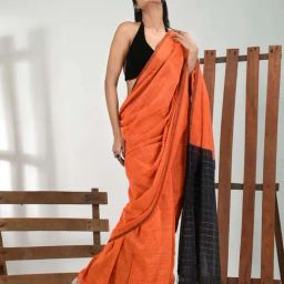 CHARUKRITI Orange Cotton Striped Saree With Unstitched Blouse-picture-35