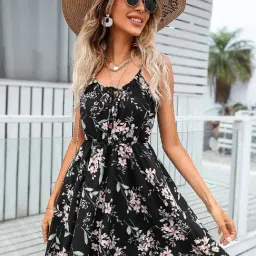 Style Quotient Black Floral Print Mini Fit & Flare Dress-57