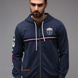 Showoff Navy Blue Cotton Regular Fit Printed Hooded Sweatshirt-image-100