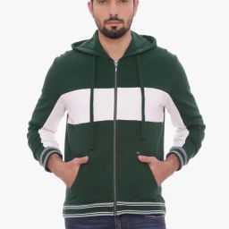Basics Green & White Slim Fit Colour Block Hooded Jacket-image-62