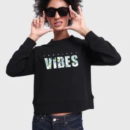 Bewakoof Black Graphic Print Crop Sweatshirt-image-35