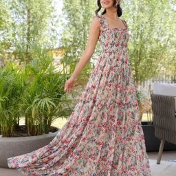 BInfinite Pink Sunkissed Magnolia Bloom Smocked Tiered Comfort Fit Maxi Dress-image-74