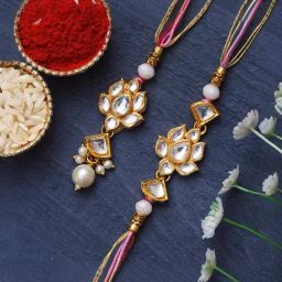 eCraftIndia Set of 2 Lotus Floral Kundan Rakhi for Brother and Bhabhi-picture-44