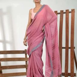 CHARUKRITI Pink Cotton Saree With Unstitched Blouse-image-62