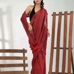 CHARUKRITI Red Cotton Striped Saree With Unstitched Blouse-image-13