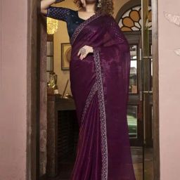 Satrani Purple Embroidered Saree With Unstitched Blouse-image-55