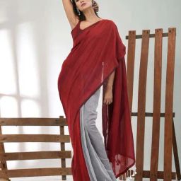 CHARUKRITI Red & Grey Cotton Colourblocked Saree With Unstitched Blouse-picture-23
