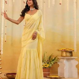 Binfinite Yellow Georgette Tailored Draped Saree With Blouse-image-14