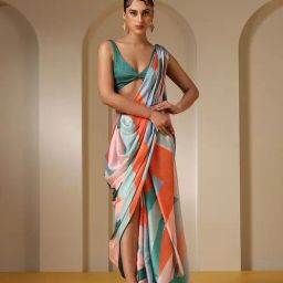 Swtantra Multicolor Printed Satin Saree With  Unstitched Self Blouse-picture-5