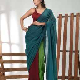 CHARUKRITI Multi Cotton Colourblocked Saree With Unstitched Blouse-image-75