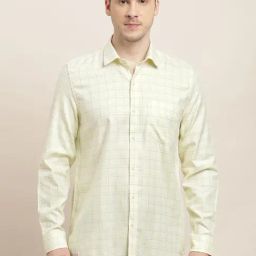 Turtle Yellow Cotton Slim Fit Checks Shirt-image-21