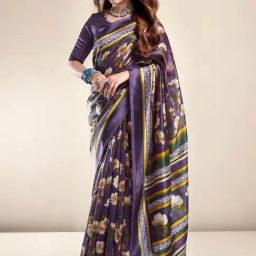 Satrani Purple Floral Print Saree With Unstitched Blouse-image-49