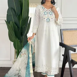 Piludi Women Floral Embroidered V-Neck Thread Work Kurta with Trousers & Dupatta-picture-47