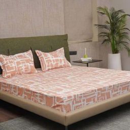 Urban Space Serene Peach Cotton 200 TC King Fitted Bedsheet With Pillow Covers-picture-8