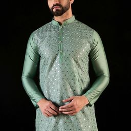 Anouk Green Geometric Mirror Zari Embroidered Mandarina Collar straight Kurta-picture-41