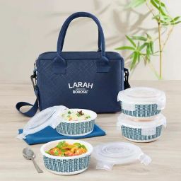 Larah by Borosil White Helix Opalware Lunch Box with 4 pc Round Container Set & Bag (400 ml)-30