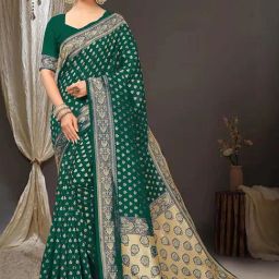Satrani Bottle Green Woven Saree With Unstitched Blouse-image-34