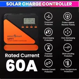 amiciSmart MPPT Solar Charge Controller 60 Amp 12 V/24 V 98% Efficiency with USB Port & Lithium Battery Support 1560 W, 1xMPPT-60A image 3