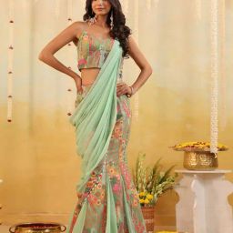 Binfinite Green Georgette Tailored Draped Saree With Blouse-image-15