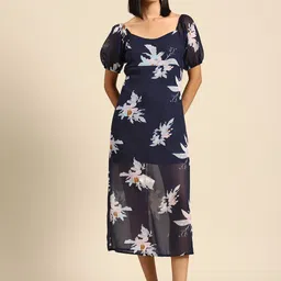DODO & MOA Floral Print Puff Sleeves Georgette A-Line Midi Dress-38