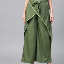Bitterlime Women Olive Green Solid Layered Parallel Trousers-image-41