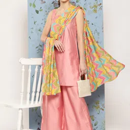 HERE&NOW Shoulder Straps Solid Straight Kurta with Palazzos & Printed Dupatta-picture-16