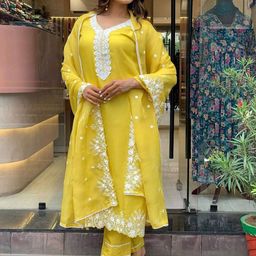 KALINI Ethnic Motifs Embroidered Thread Work Kurta with Trousers & Dupatta-picture-58