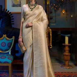 CaniBani Cream Silk Blend Banarasi Sarees-image-106