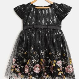 Bella Moda Short Sleeves Sequin Embellished & Floral Embroidery Cut-Work Hem Detailing Print Dress - Black-image-74