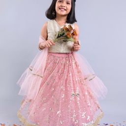 Babyhug Sleeveless Choli Lehenga And Dupatta With Embroidery- Pink-image-62